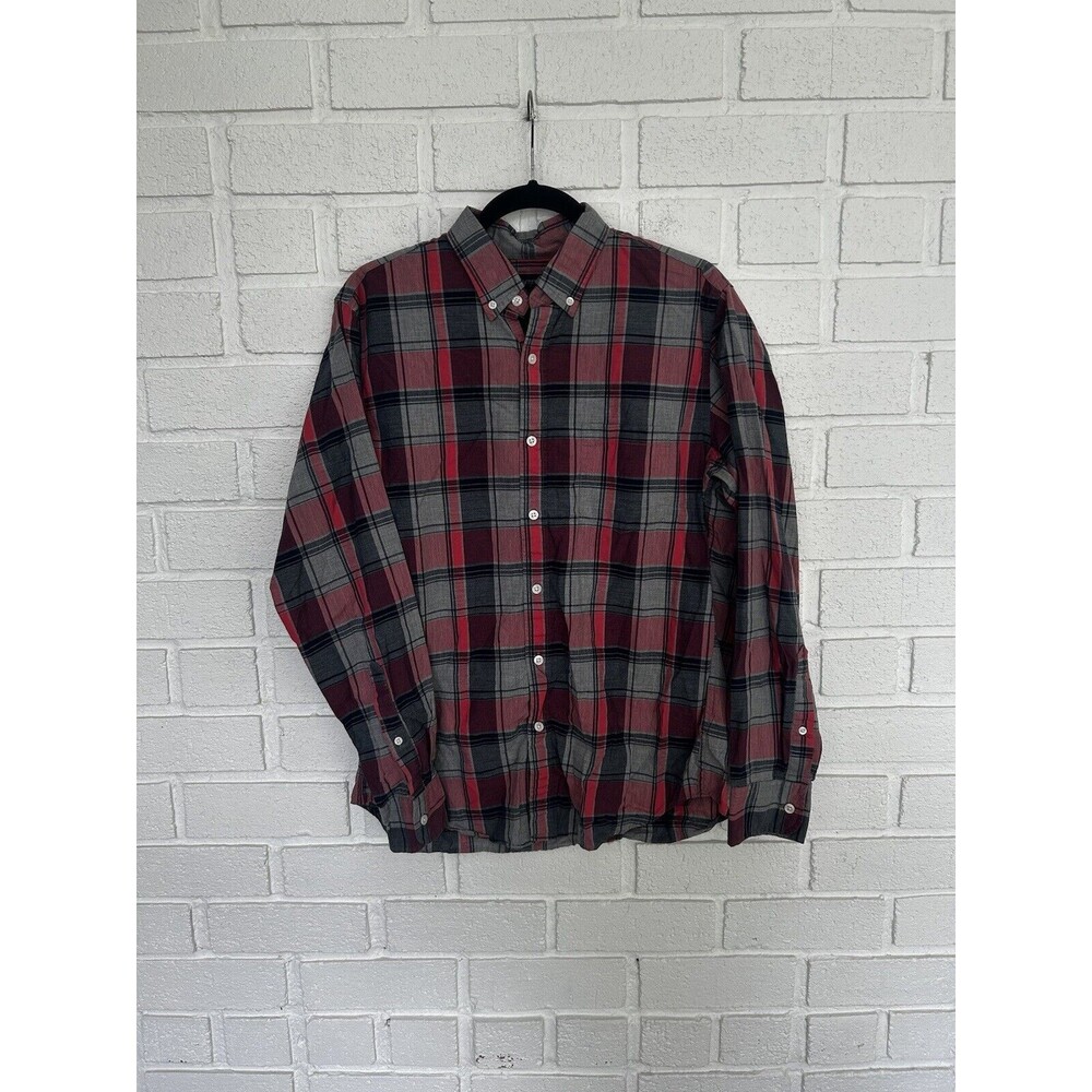 J Crew Button Up Shirt Mens Medium Gray Red Plaid Button Collar Masculine